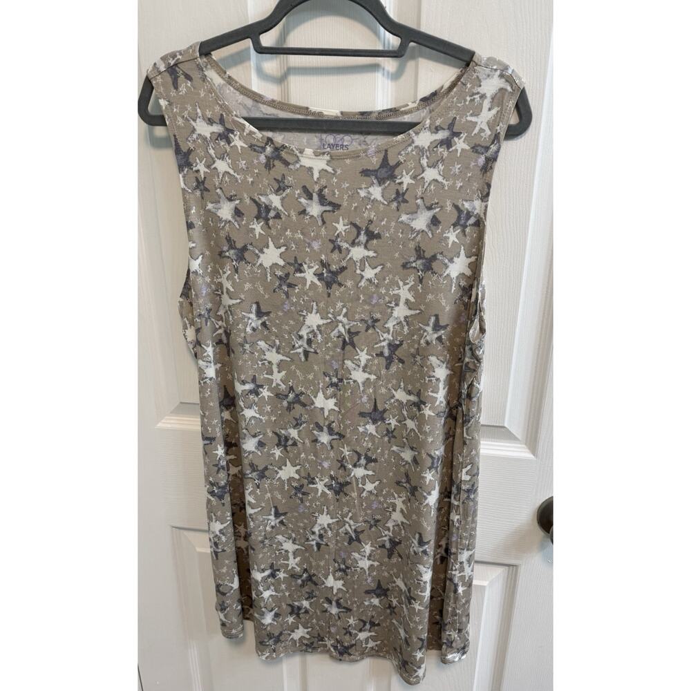 Logo Layers XL Tunic Tan Gray Sleeveless Star Print Scoop Neck Stretch Preowned